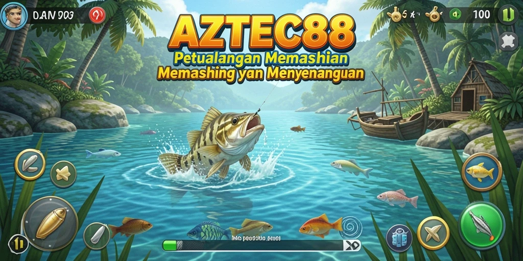 Tampilan gameplay AZTEC88 menampilkan aksi memancing yang menegangkan dan memuaskan.