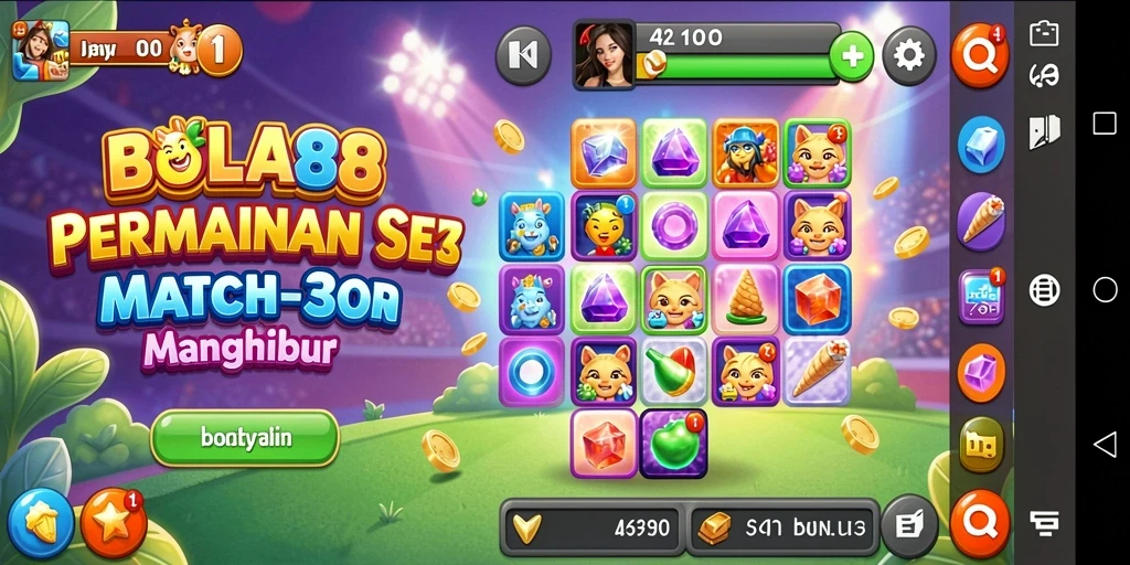 Screenshot BOLA88 menampilkan gameplay Match-3 yang seru dan menarik.