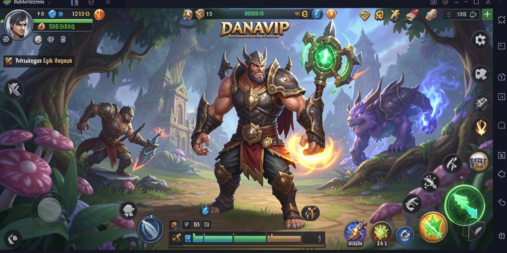 Screenshot gameplay <strong>DANAVIP</strong> menunjukkan pertempuran epik antara pahlawan dan monster.