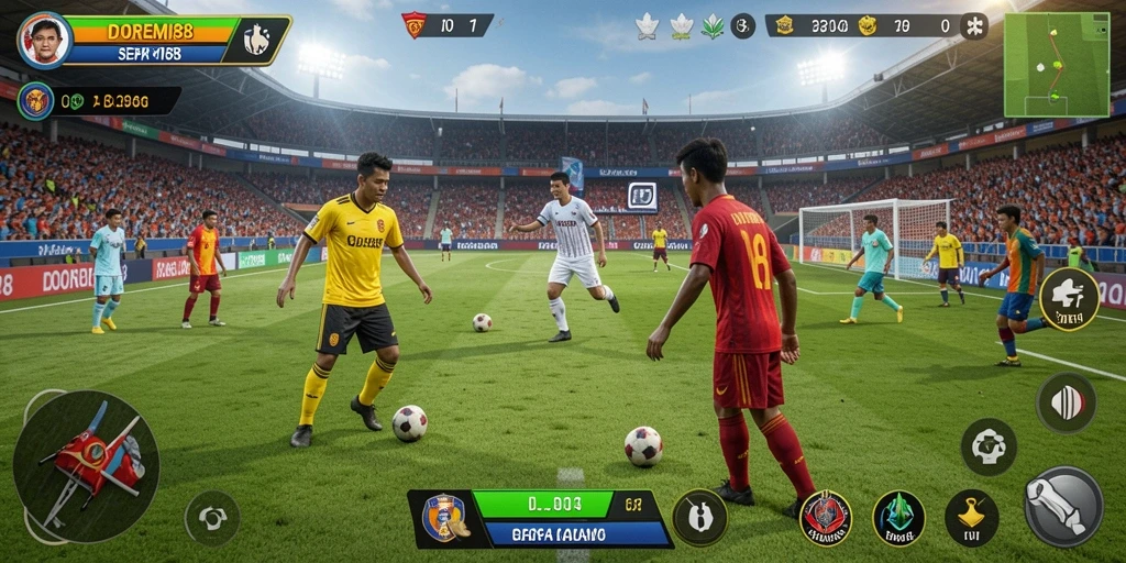 Screenshot gameplay DOREMI88 dengan aksi sepak bola menegangkan.