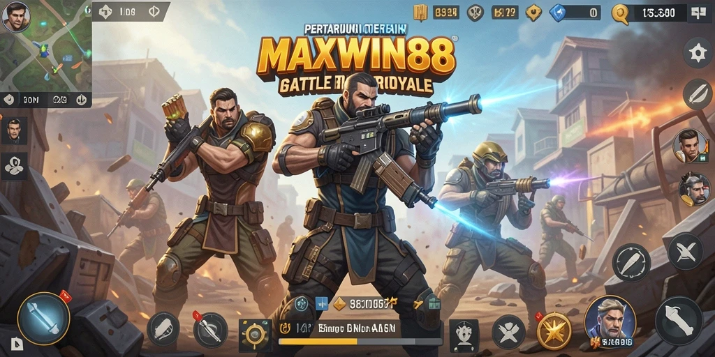 Tangkapan layar gameplay MAXWIN88 menampilkan aksi pertempuran Battle Royale yang mendebarkan.