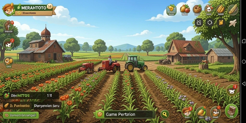 Tampilan gameplay menarik dari MERAHTOTO yang menunjukkan pertanian yang dinamis.