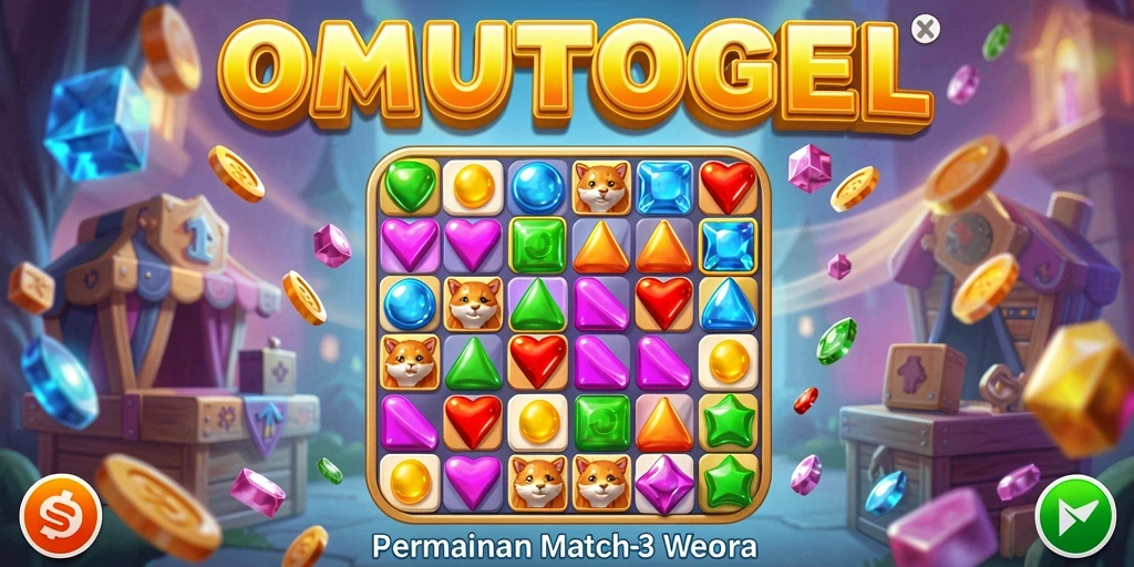 Tangkapan layar gameplay OMUTOGEL yang menampilkan keseruan match-3.