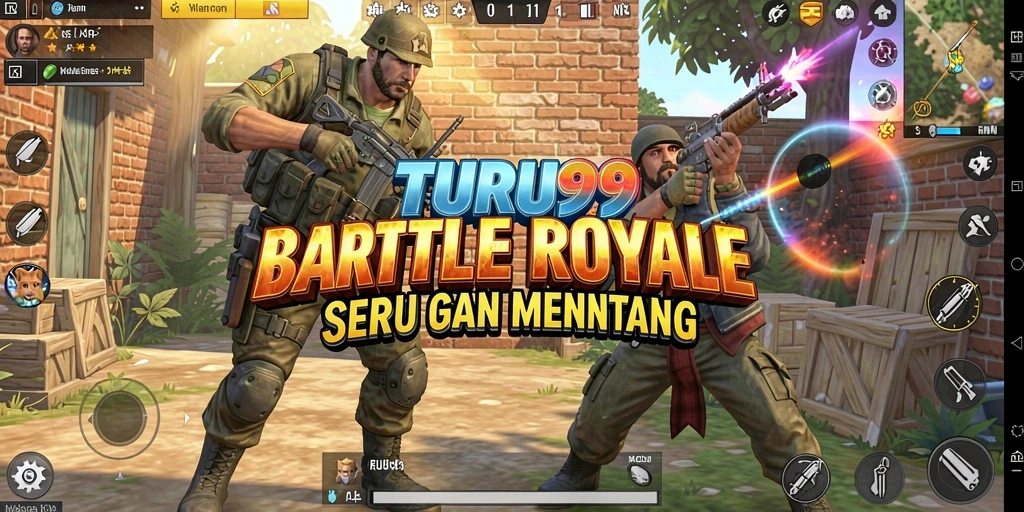 Tangkapan layar utama TURU99 menunjukkan aksi pertempuran yang mendebarkan dalam game Battle Royale.