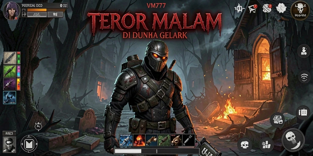 Screenshot gameplay VM777 menampilkan suasana horor yang mencekam.